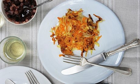 Egg-free root vegetable rosti with a quick Damson chutney
