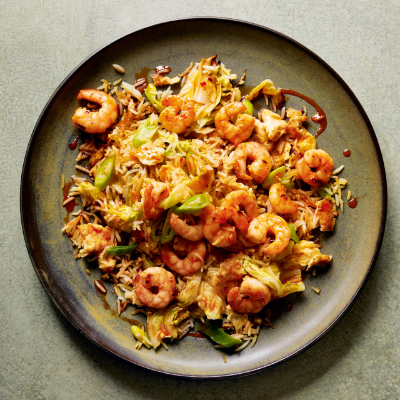 Egg fried rice with chilli prawns 