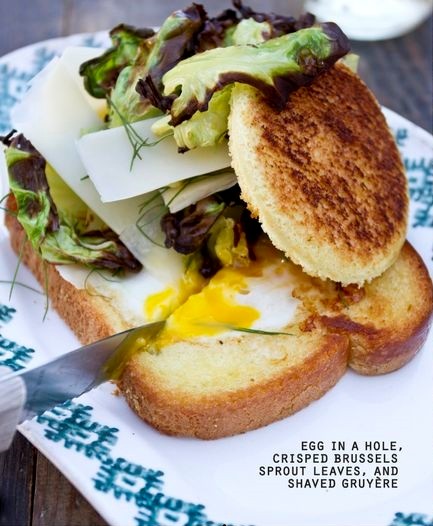 Egg in a hole, crisped Brussels sprout leaves, and shaved Gruyère