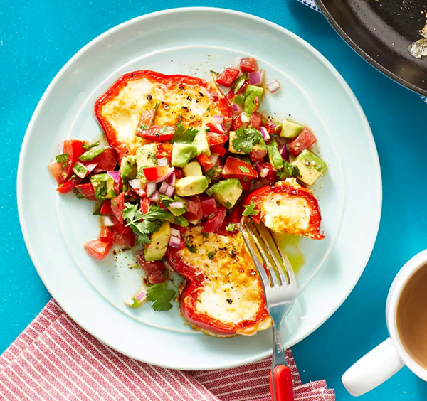 "Egg in a hole" peppers with avocado salsa