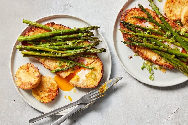 Egg-in-a-hole with asparagus