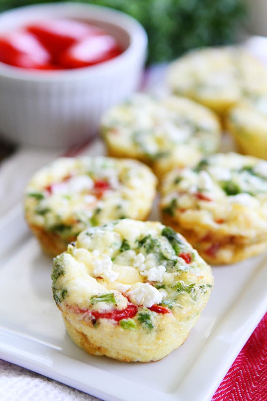 Egg muffins with kale, roasted red peppers, and feta cheese