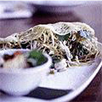 Egg nets with pork, prawn, bean sprouts and cucumber relish