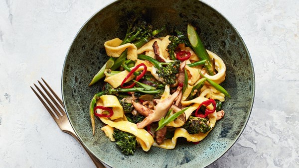 Egg "noodle," broccolini, and mushroom stir-fry
