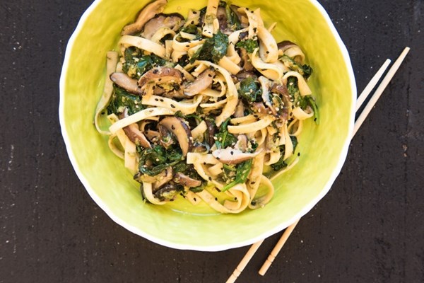 Egg noodles and shiitakes with scallion-sesame sauce