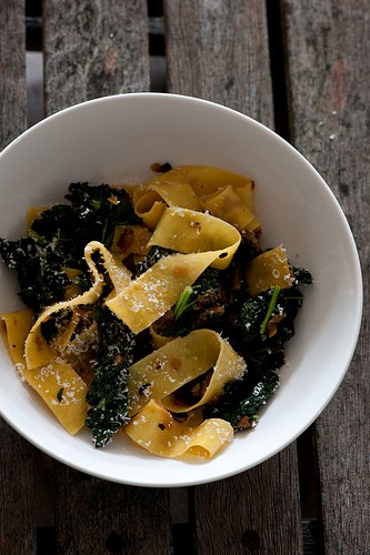 Egg noodles with cavolo nero caramelised onion