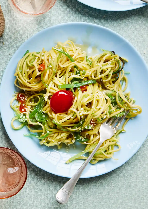 Egg noodles with cured egg yolk and pickled seaweed