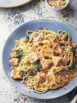 Egg noodles with hot smoked salmon & sesame leeks