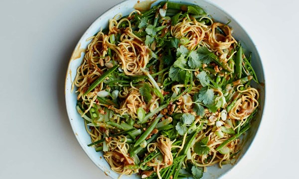 Egg noodles with peanut, sugar snaps and chilli