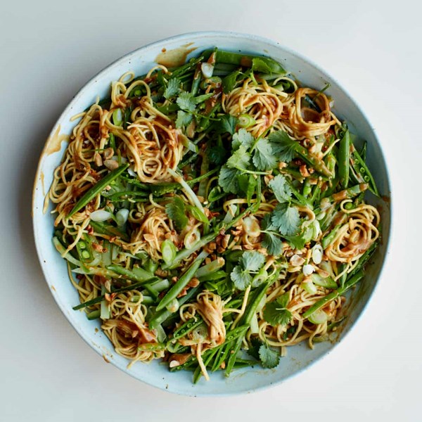 Egg noodles with peanut, sugar snaps and chilli