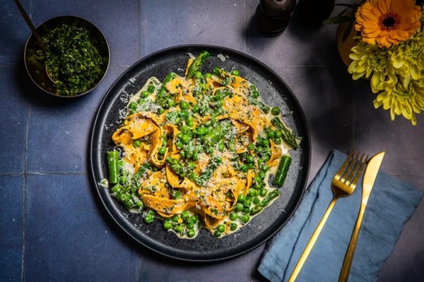 Egg ribbon primavera noodles