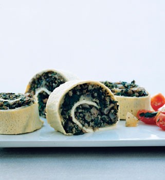 Egg roulade stuffed with turkey sausage, mushrooms, and spinach