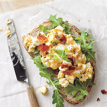 Egg salad sandwiches with bacon and Sriracha