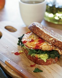 Egg sandwiches with mustard greens and avocado