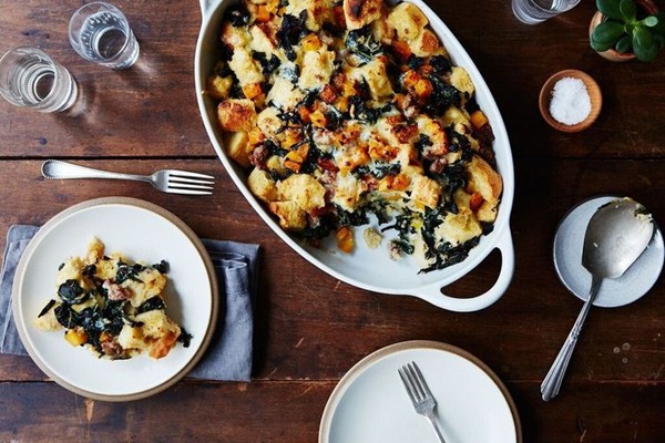 Eggless strata with butternut, sausage, kale and Fontina