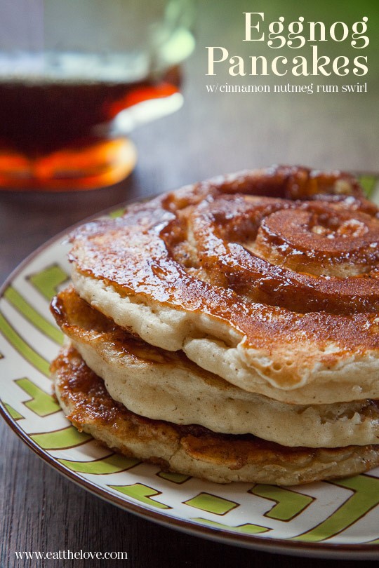 Eggnog pancakes with cinnamon nutmeg rum swirl