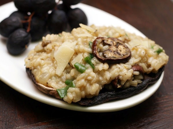 Eggplant & Hatch green chile risotto stuffed portobello mushrooms