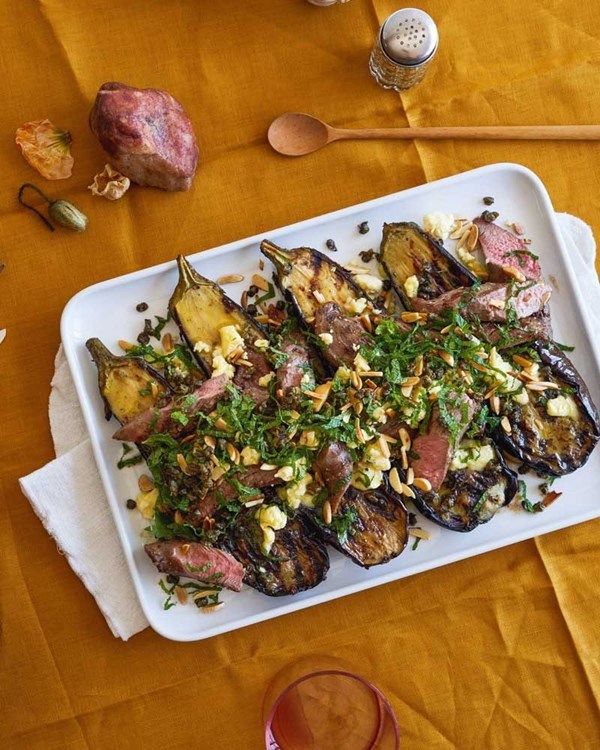 Eggplant & lamb with feta, mint, crispy capers & almonds
