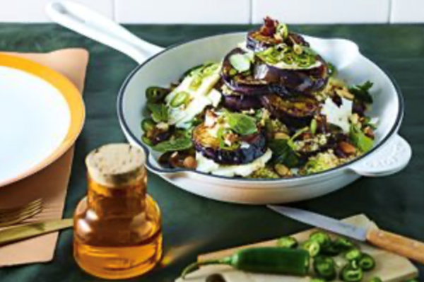 Eggplant agrodolce with quinoa, almonds and feta