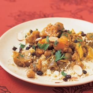 Eggplant and golden squash tagine with chickpeas and raisins