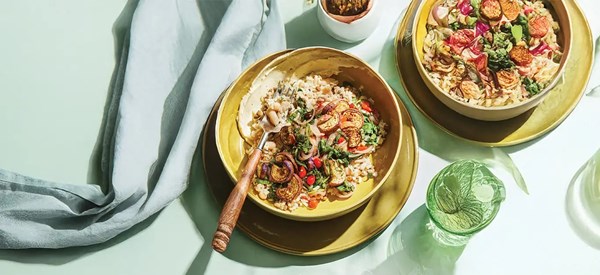 Eggplant and kale toss with hearty rice [creamy tofu aioli]
