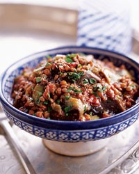 Eggplant and lentil stew with pomegranate molasses