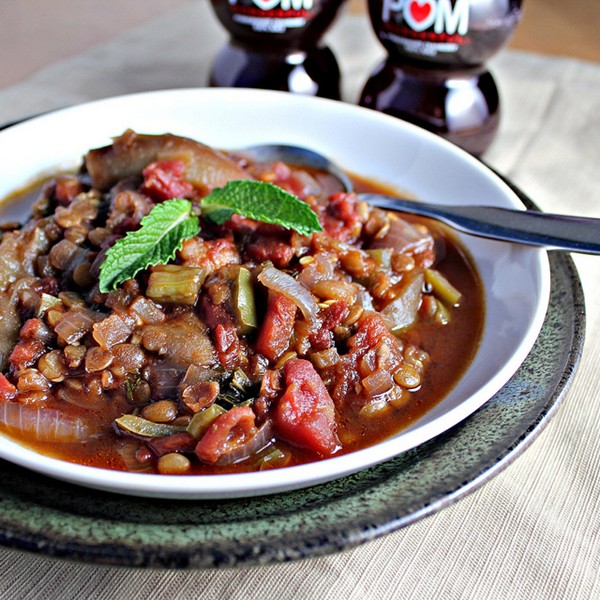 Eggplant and lentil stew with pomegranate molasses
