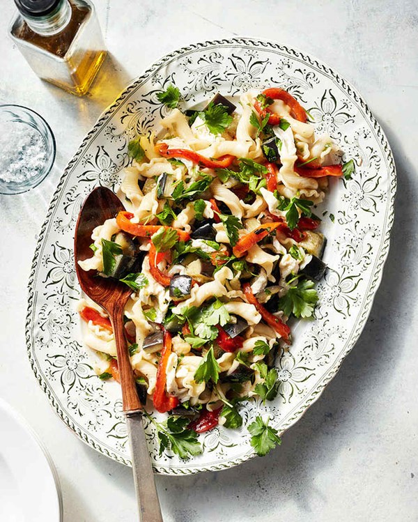 Eggplant and roasted-pepper pasta