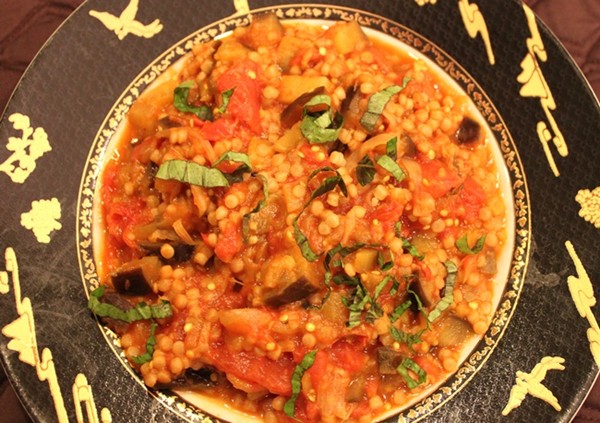 Eggplant and tomato sauce with Israeli couscous