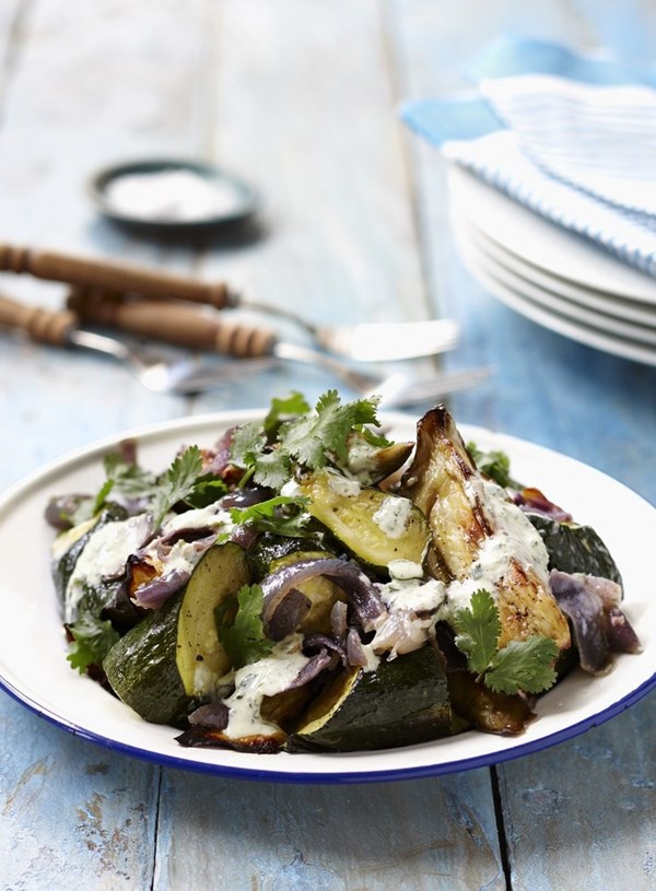 Eggplant and zucchini salad with coriander and yoghurt dressing