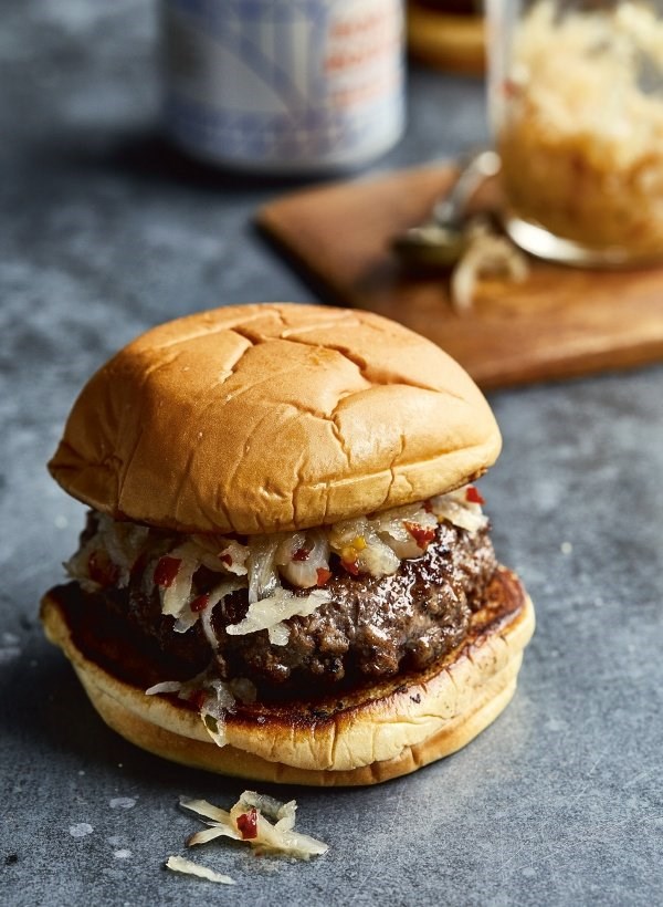 Eggplant beef burgers with parsnip relish