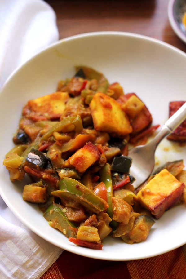 Eggplant, bell pepper, and paneer curry