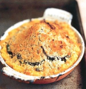 Eggplant, cabbage, lentils and polenta with cheddar crumble