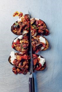 Eggplant caponata & burrata on toasted baguette