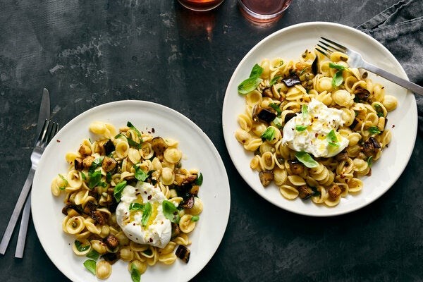 Eggplant caponata pasta with ricotta and basil 