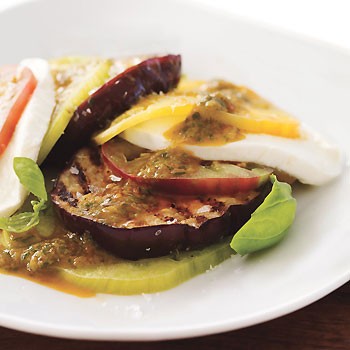 Eggplant Caprese with grilled tomato and basil vinaigrette