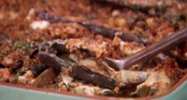 Eggplant "casserole" with red pepper pesto and Cajun bread crumbs