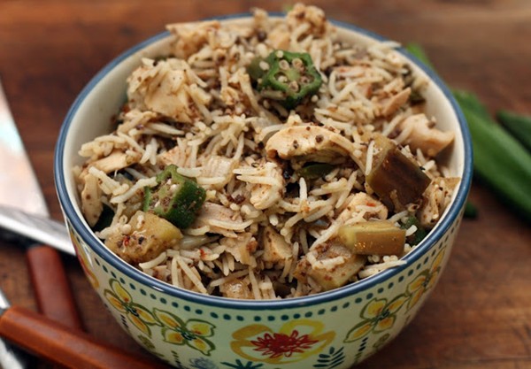 Eggplant, chicken and okra dirty rice skillet