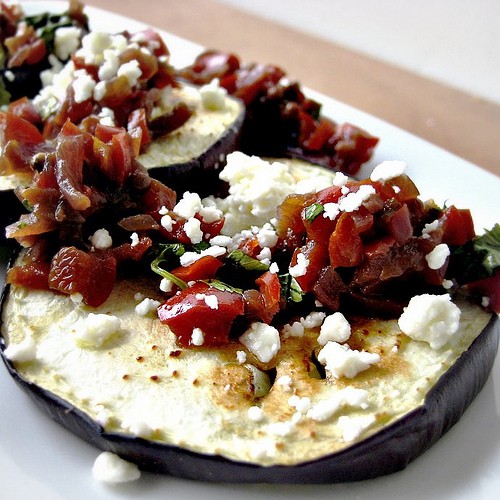 Eggplant "crostini" with Symon's red pepper relish and feta