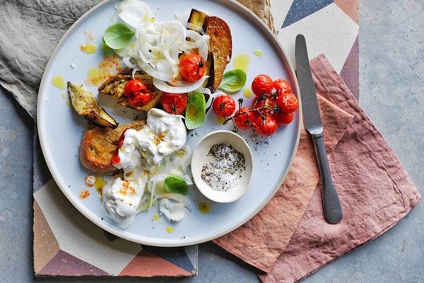 Eggplant, fennel & burrata rye bruschetta