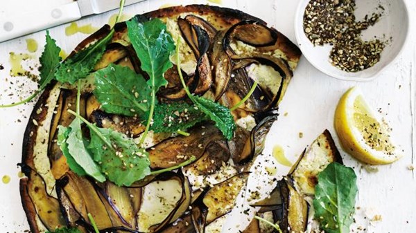 Eggplant, feta and za'atar cheat's pizza