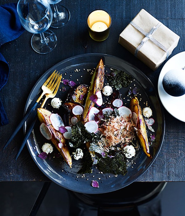 Eggplant, goat's curd, katsuobushi and sesame