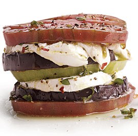 Eggplant, heirloom tomato, and buffalo mozzarella stacks
