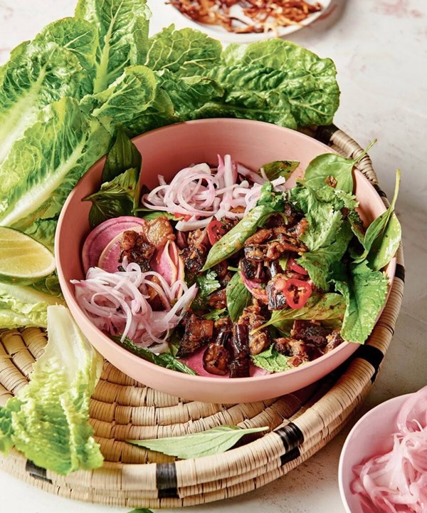 Eggplant larb with quickled & fried shallots