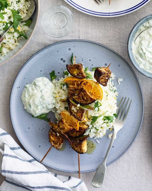 Eggplant, lemon & bay leaf souvlaki with herb pilaf & tzatziki