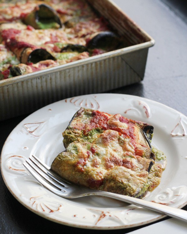 Eggplant manicotti with creamy pesto filling