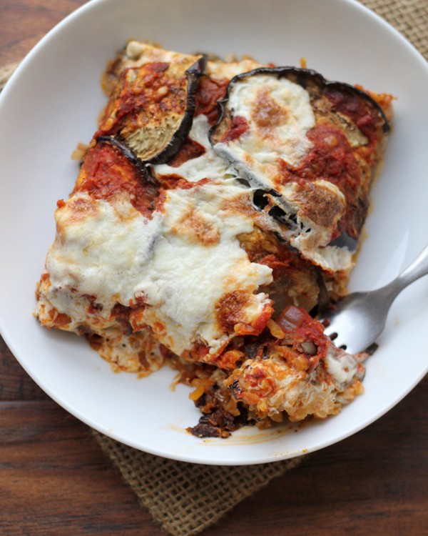 Eggplant, mozzarella and saffron rice bake