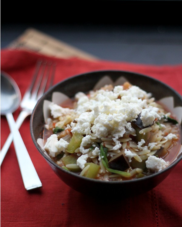 Eggplant mykonos with orzo and feta