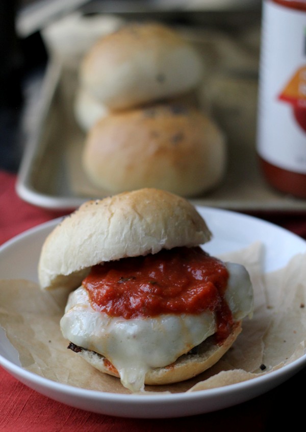 Eggplant Parmesan burgers on homemade poppy seed buns