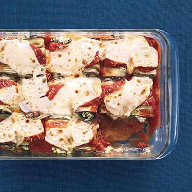 Eggplant Parmesan rolls with Swiss chard and fresh mint